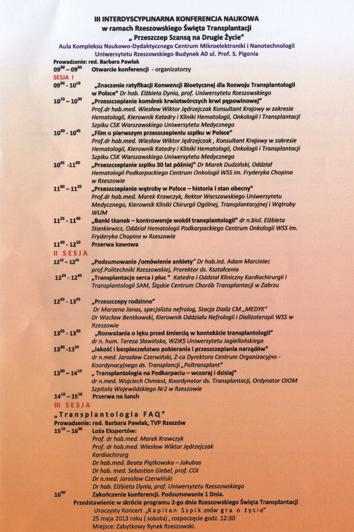 III Interdyscyplinarna Konferencja Naukowa w ramach Rzeszowskiego Święta Transplantacji "Przeszczep Szansą na Drugie Życie"